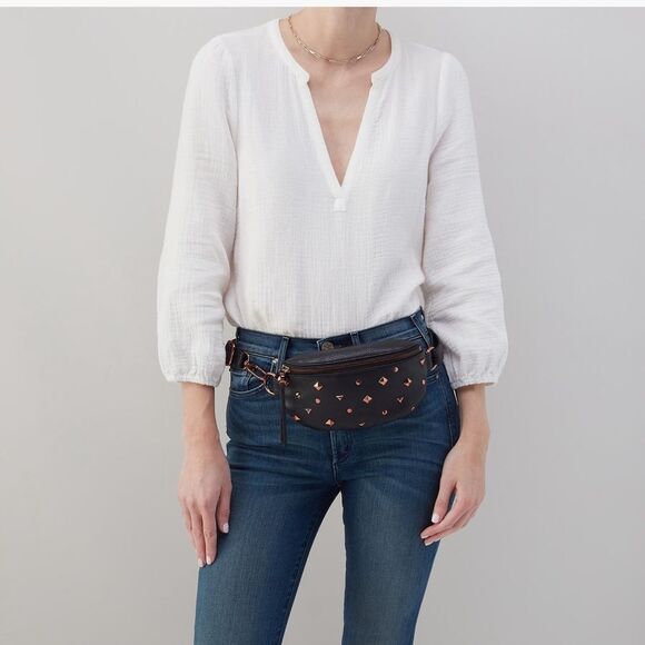 HOBO Fern Studded Leather Belt Bag Fanny Pack Crossbody, Black/Rose Gold NWT - Picture 2 of 5
